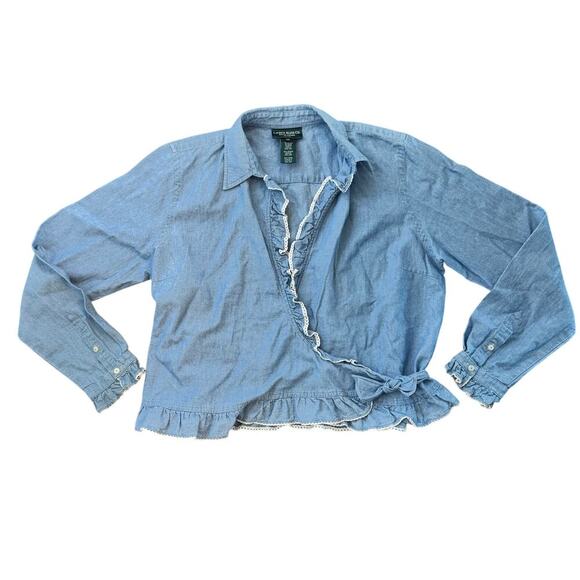 LAUREN JEANS CO Ralph Lauren Chambray Ruffle Wrap Top Blouse Womens Sz 12 Petite - Picture 15 of 15